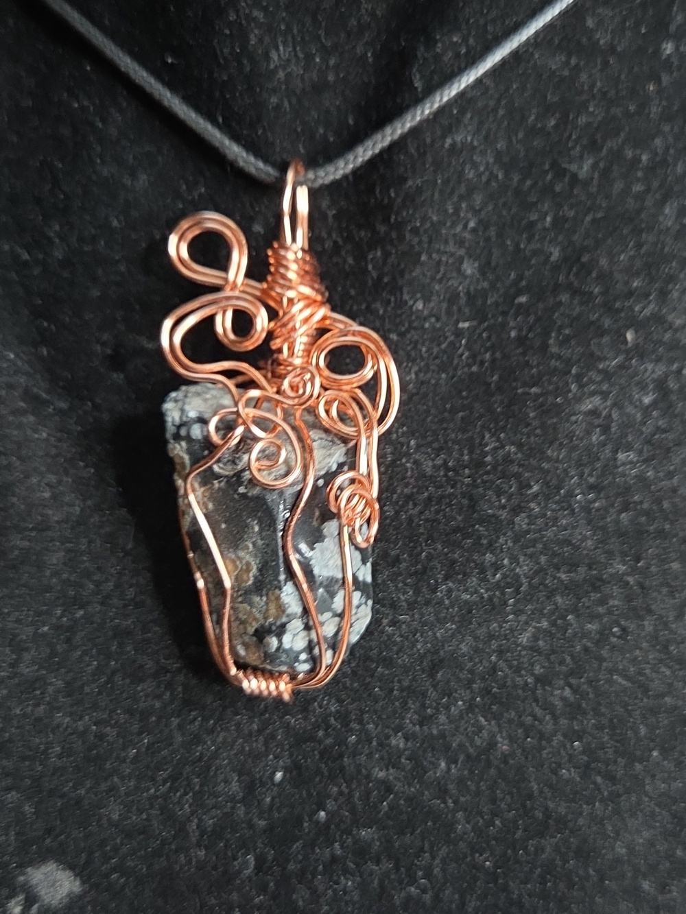 Copper Wire Wrapped Obsidian Pendant Necklace